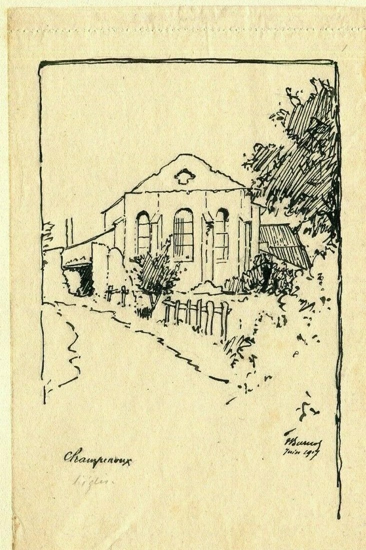 House Landscape Champreux, Lorraine Drawing Vintage Ink signed (1 of 9)