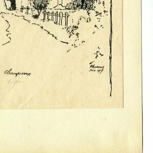 House Landscape Champreux, Lorraine Drawing Vintage Ink signed - 8