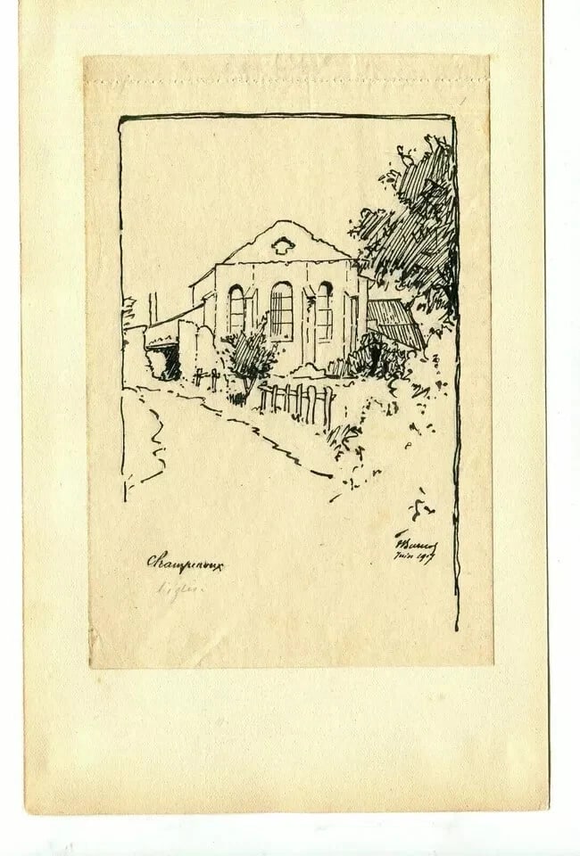 House Landscape Champreux, Lorraine Drawing Vintage Ink signed - 9