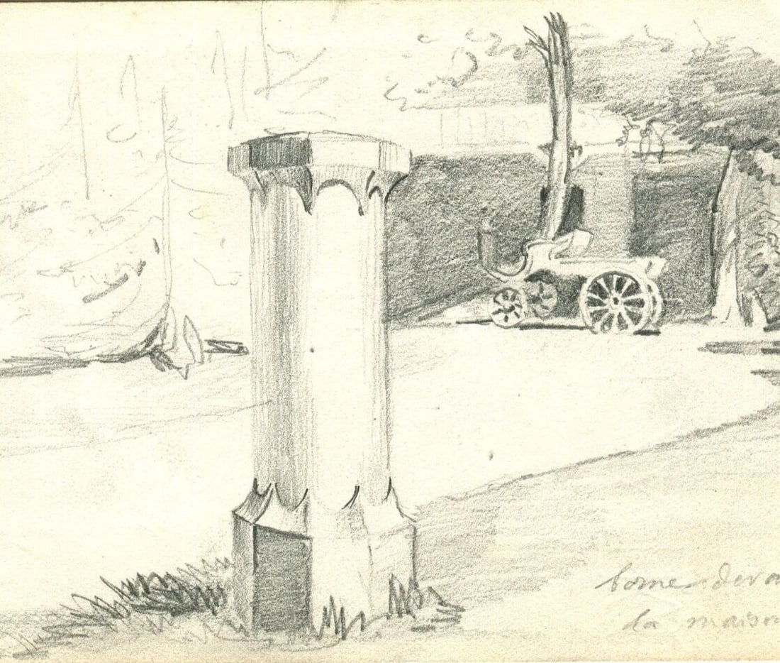 Landscape, Column, Carriage - Drawing Antique Pencil Original Artwork - 2