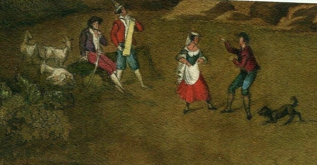 Dancing People with Dog and Goats Drawing Antique 19th century Artwork: Drawing 19th century Dancing People with Dog and Goats Description Watercolor on paper 8 x 19 cm stains Reserve: $40.00 Shipping: Domestic: Flat-rate of $20.00 to anywhere within the