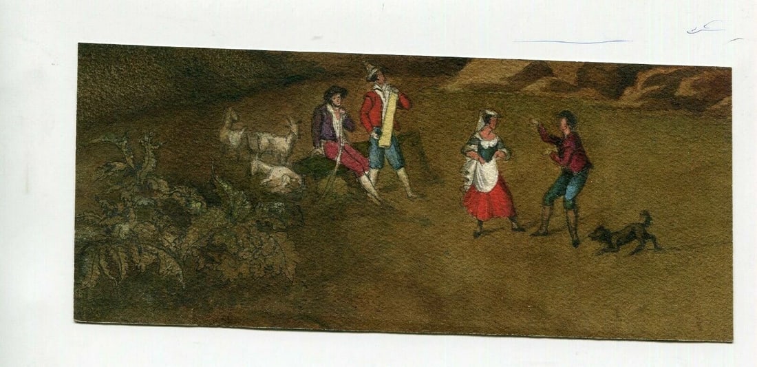 Dancing People with Dog and Goats Drawing Antique 19th century Artwork - 3