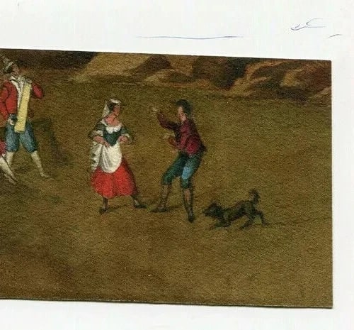 Dancing People with Dog and Goats Drawing Antique 19th century Artwork - 5