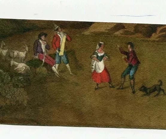 Dancing People with Dog and Goats Drawing Antique 19th century Artwork - 6