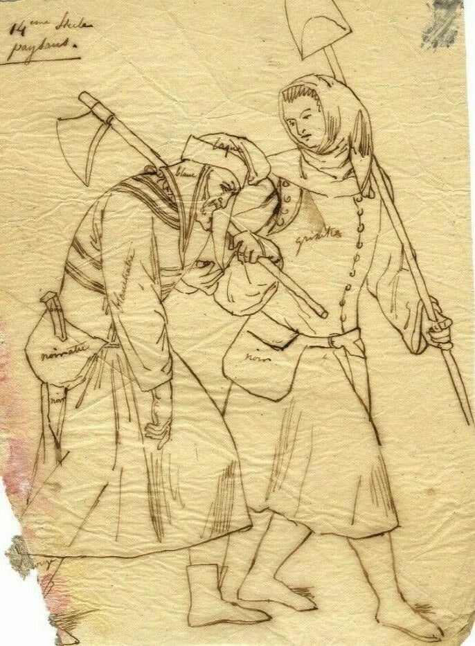 19th century Peasant People, Figures Drawing Antique Ink Old Artwork - 2