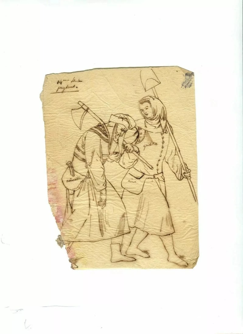 19th century Peasant People, Figures Drawing Antique Ink Old Artwork - 5