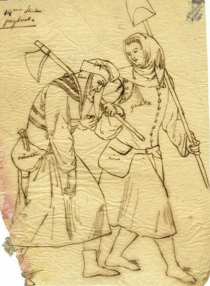 19th century Peasant People, Figures Drawing Antique Ink Old Artwork - 8