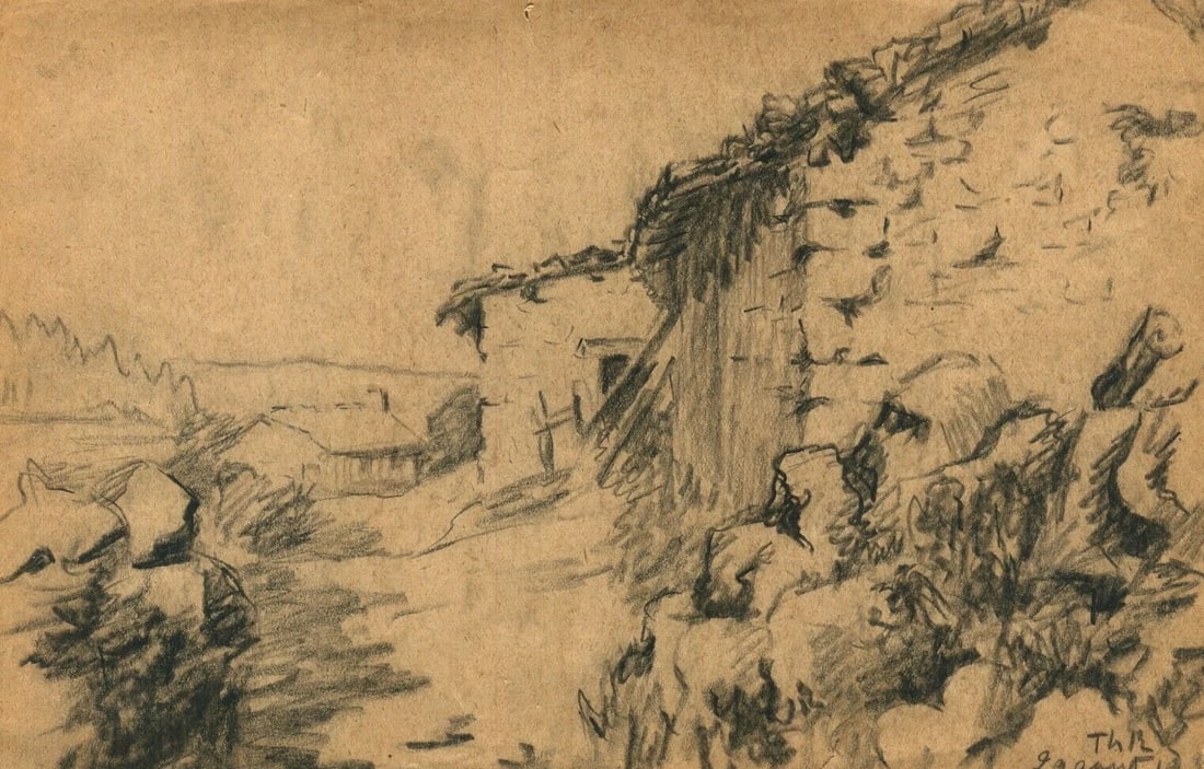 Antique Pencil Original Drawing Village, Landscape, Building 1932 Artwork - 2
