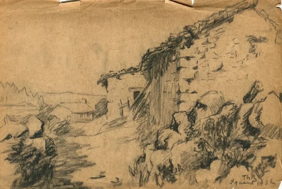 Antique Pencil Original Drawing Village, Landscape, Building 1932 Artwork - 9
