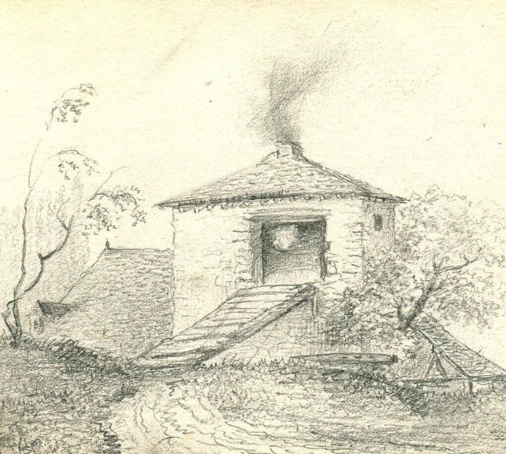 Antique Pencil Original Drawing 19th century Thatched Cottage Landscape - 2