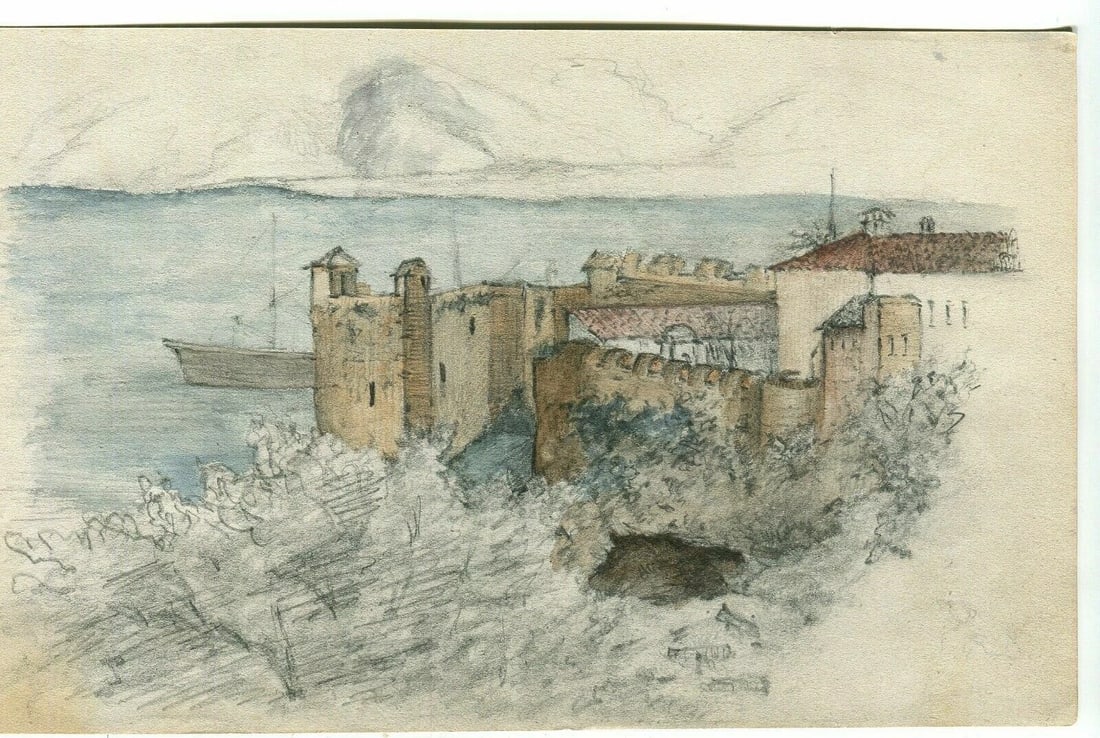 Vintage Old Drawing Lighthouse, Candle, Béjaïa, Algeria, Landscape, Sea Artwork (1 of 9)