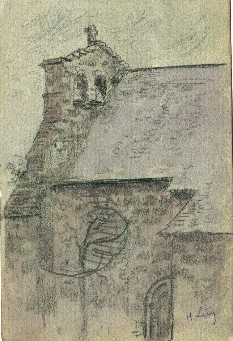 Vintage Pencil Drawing Original signed Church, Architecture, Roof Architectural - 2