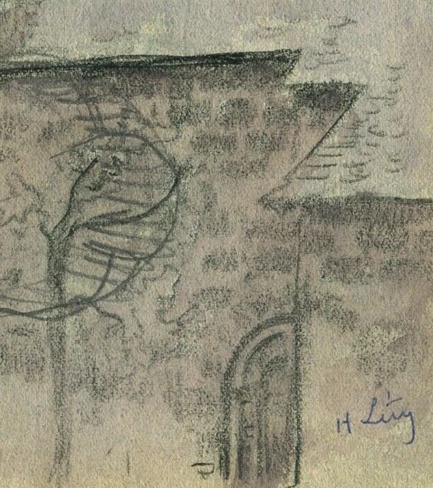 Vintage Pencil Drawing Original signed Church, Architecture, Roof Architectural - 5