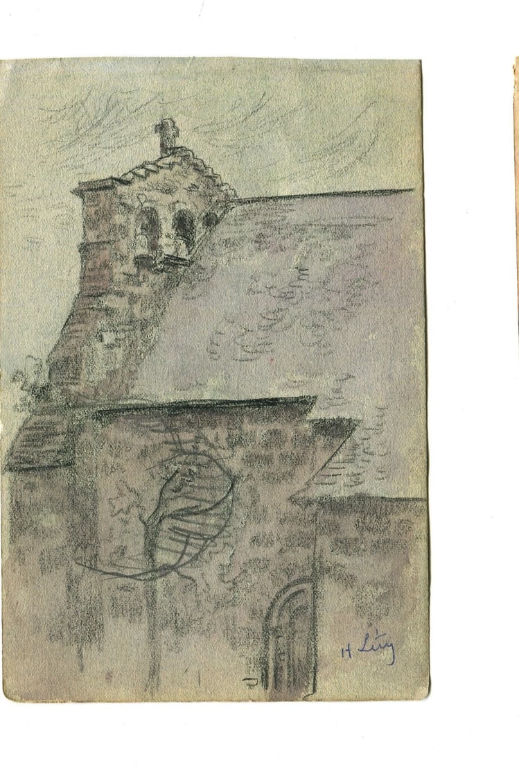 Vintage Pencil Drawing Original signed Church, Architecture, Roof Architectural - 6