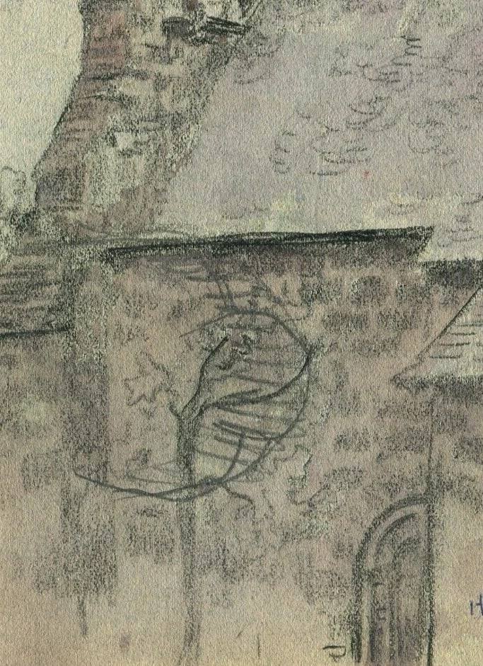 Vintage Pencil Drawing Original signed Church, Architecture, Roof Architectural - 7