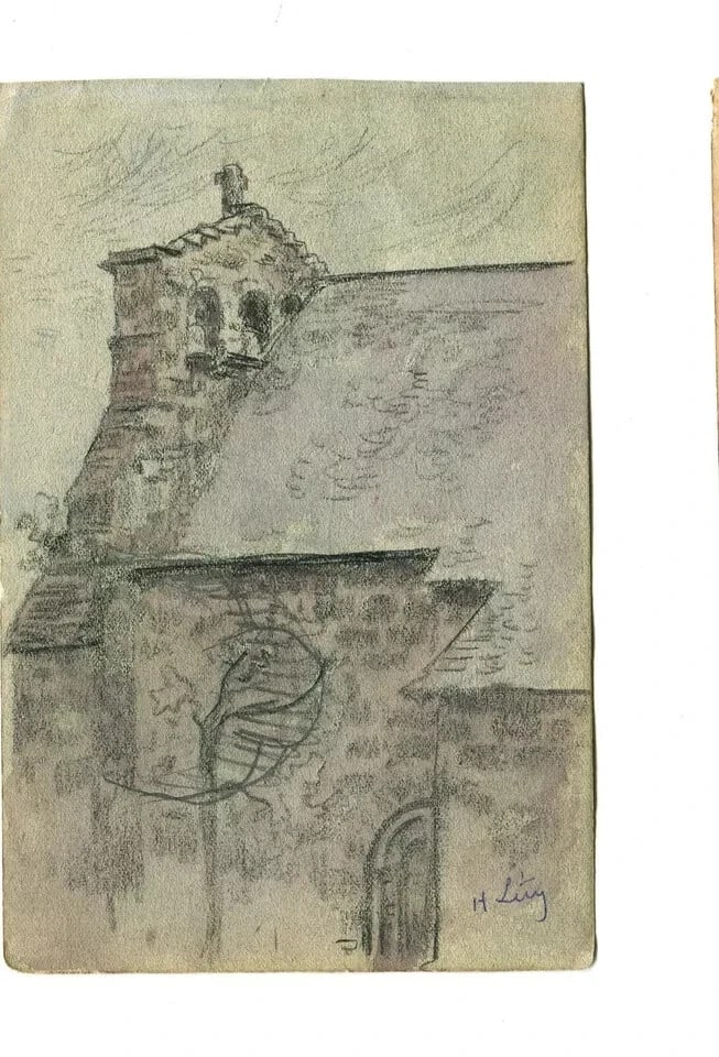 Vintage Pencil Drawing Original signed Church, Architecture, Roof Architectural - 9