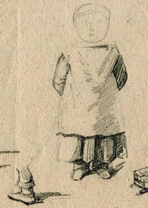 Antique Pencil Drawing Original 19th century Genre Scene, Child, Profile - 3