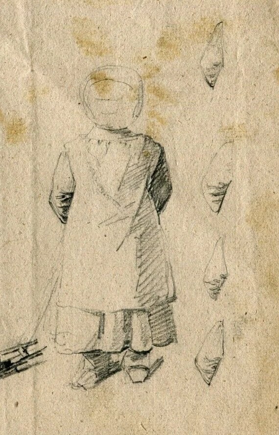 Antique Pencil Drawing Original 19th century Genre Scene, Child, Profile - 4