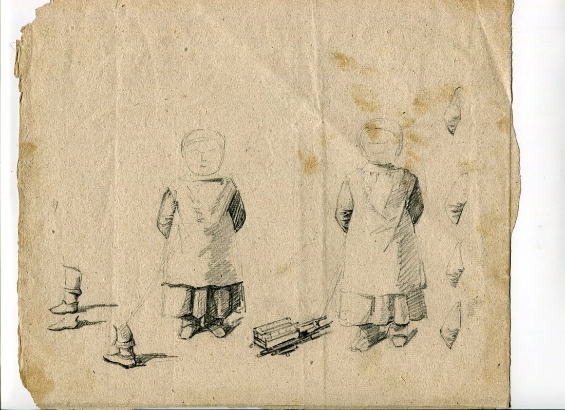 Antique Pencil Drawing Original 19th century Genre Scene, Child, Profile - 7