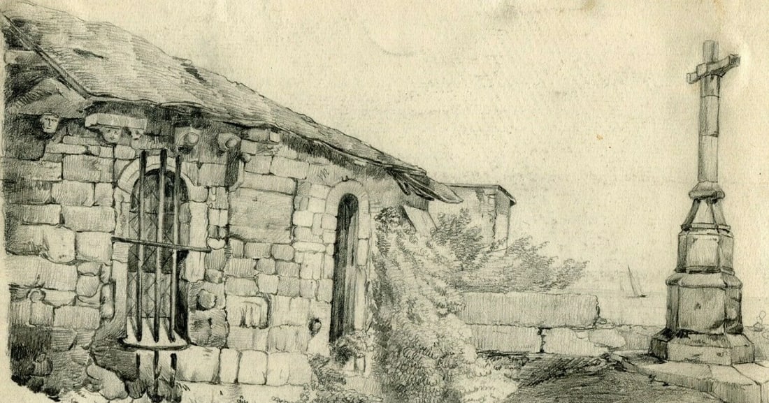 19th century Landscape House and Cross Drawing Vintage Pencil Dikeos Collection (1 of 9)