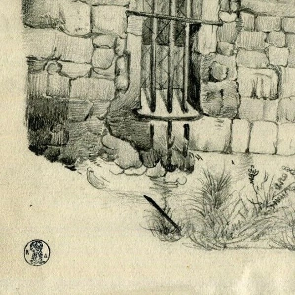 19th century Landscape House and Cross Drawing Vintage Pencil Dikeos Collection - 3