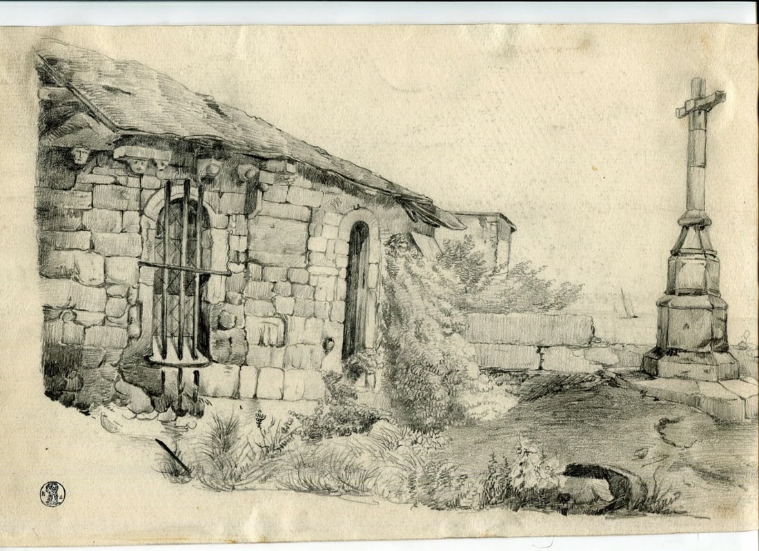 19th century Landscape House and Cross Drawing Vintage Pencil Dikeos Collection - 4