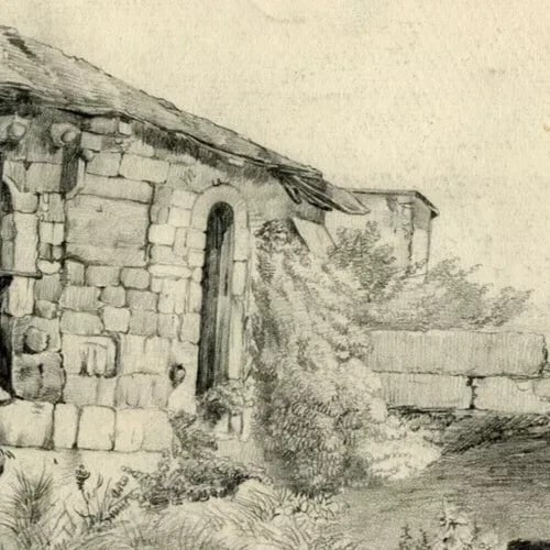 19th century Landscape House and Cross Drawing Vintage Pencil Dikeos Collection - 7