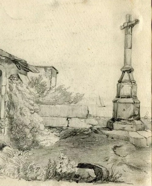 19th century Landscape House and Cross Drawing Vintage Pencil Dikeos Collection - 8