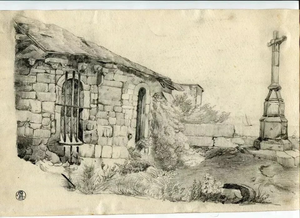 19th century Landscape House and Cross Drawing Vintage Pencil Dikeos Collection - 9