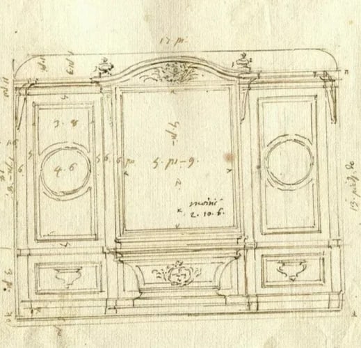 Antique Ink Drawing Original 19th Coat of Arms, Pope, Architecture, Decoration - 2