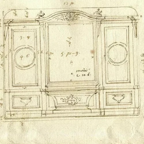 Antique Ink Drawing Original 19th Coat of Arms, Pope, Architecture, Decoration - 5