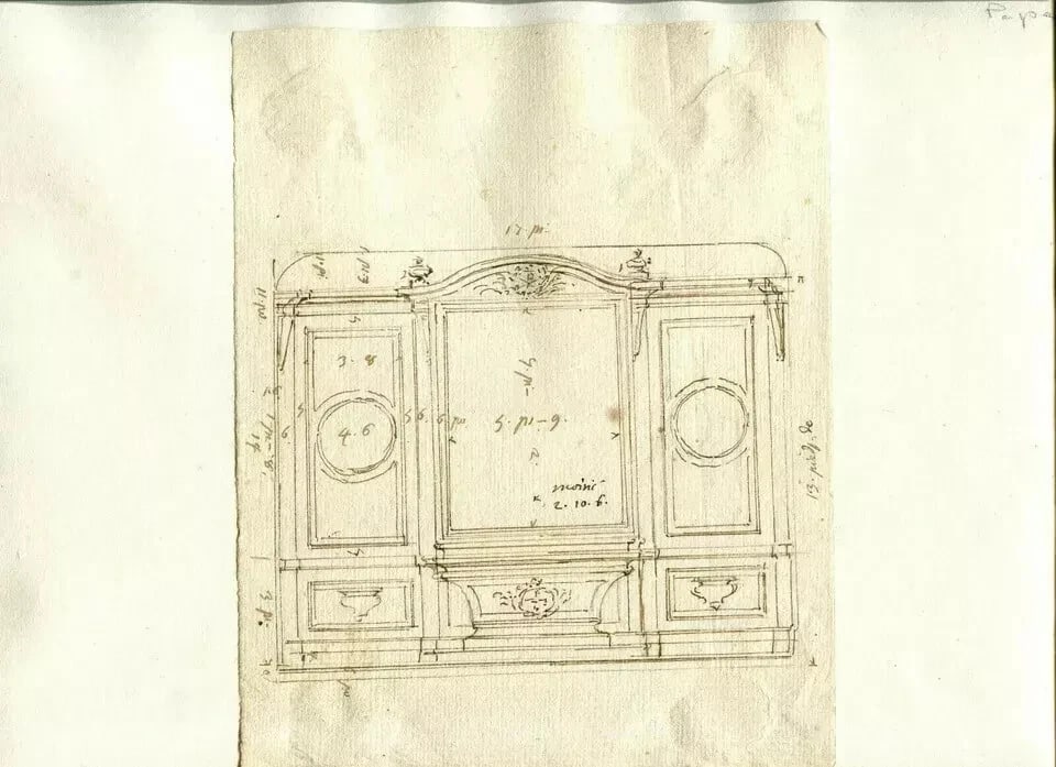 Antique Ink Drawing Original 19th Coat of Arms, Pope, Architecture, Decoration - 6