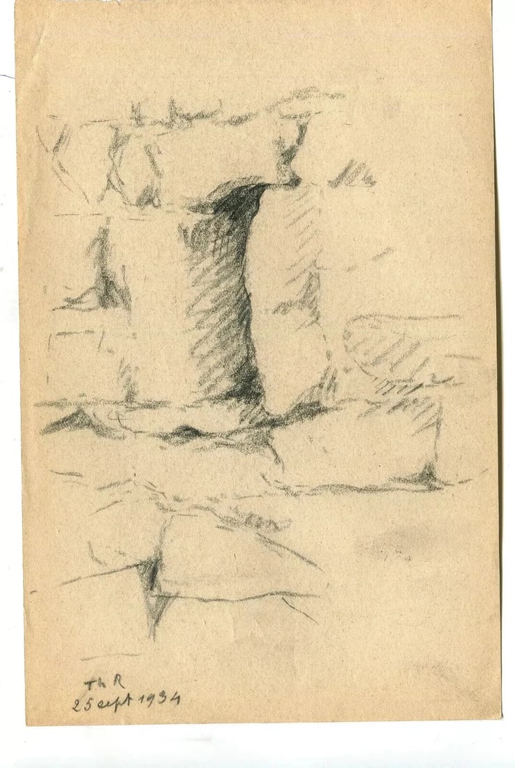 1934 Vegetation, Landscape, Ruins - Drawing Vintage Pencil Original - 8