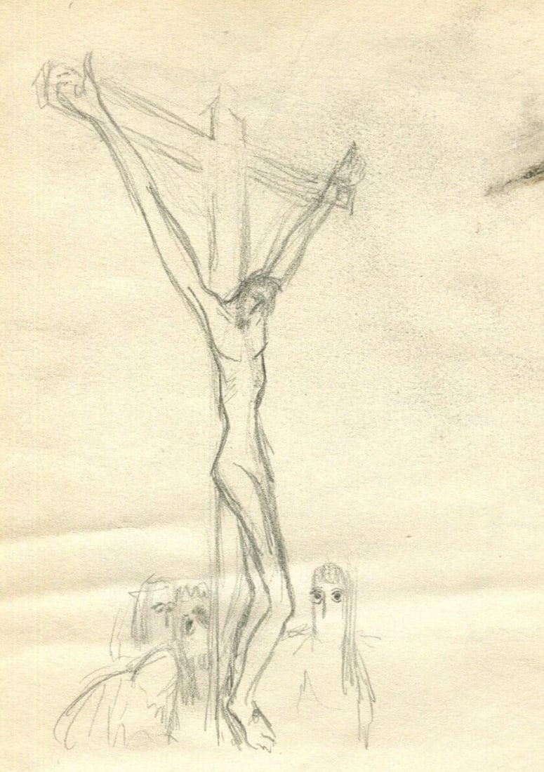 Vintage Pencil Original Drawing Man on the Cross and Landscape - 2