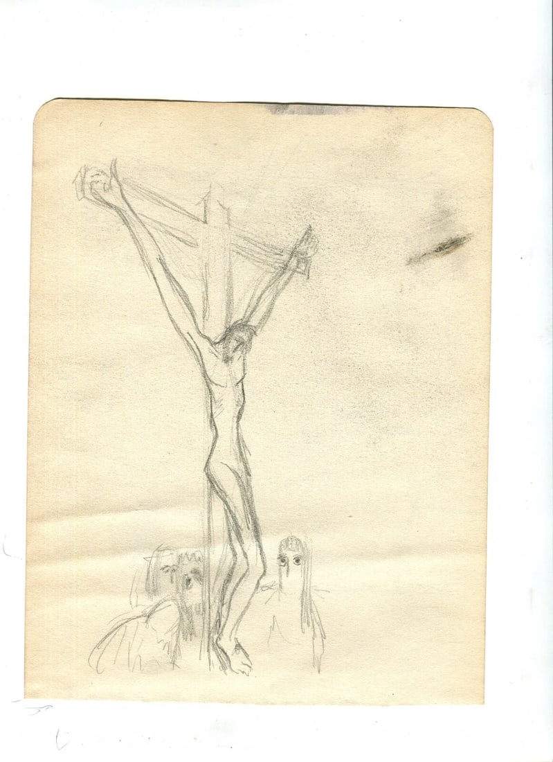 Vintage Pencil Original Drawing Man on the Cross and Landscape - 3