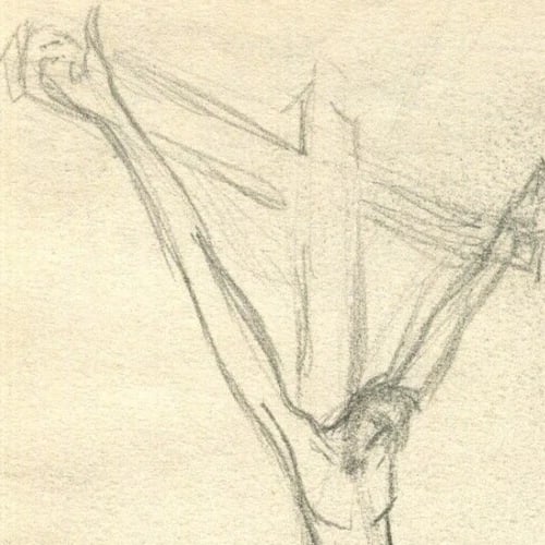 Vintage Pencil Original Drawing Man on the Cross and Landscape - 4