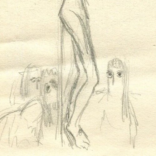 Vintage Pencil Original Drawing Man on the Cross and Landscape - 5