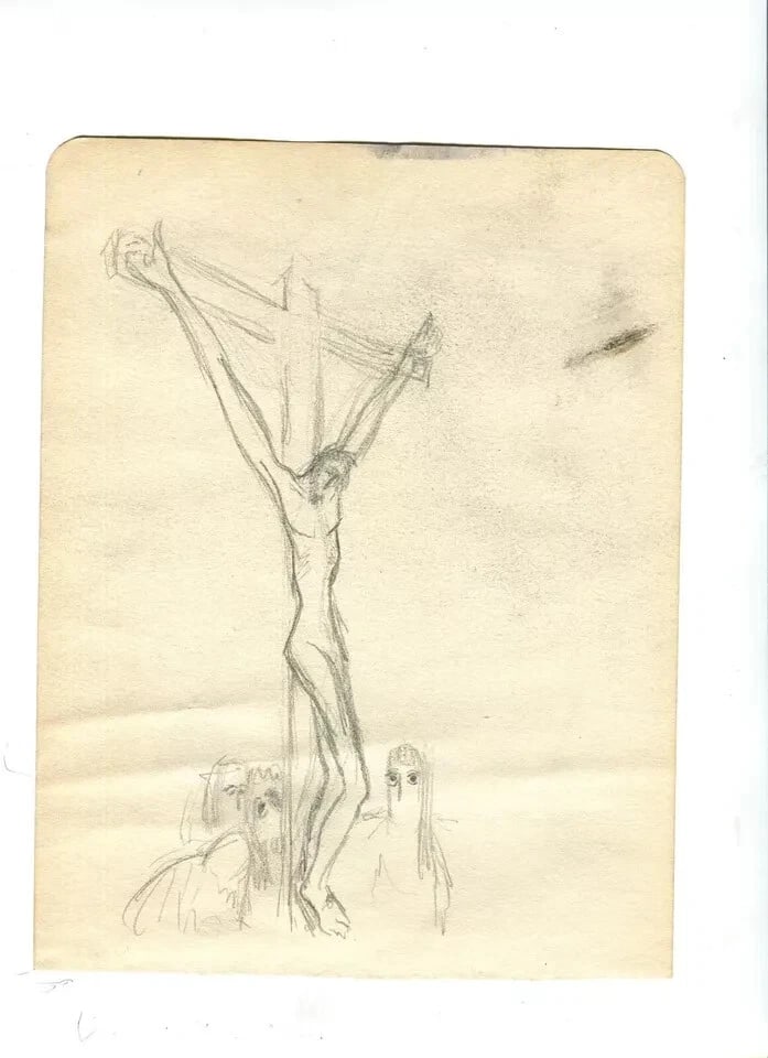 Vintage Pencil Original Drawing Man on the Cross and Landscape - 6