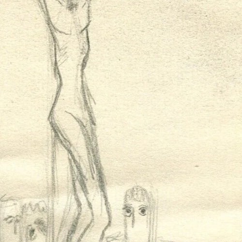 Vintage Pencil Original Drawing Man on the Cross and Landscape - 7