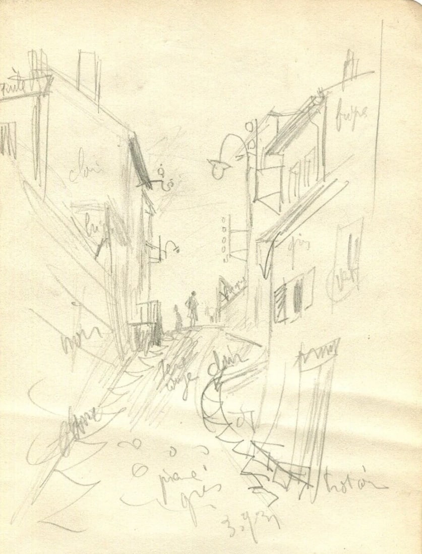 Vintage Pencil Original Drawing Cityview and Figures, Houses - 2