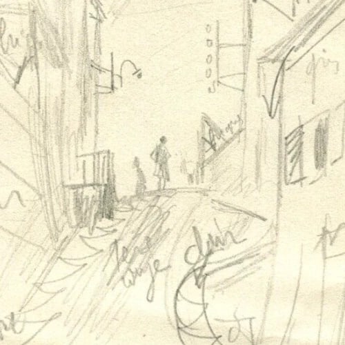 Vintage Pencil Original Drawing Cityview and Figures, Houses - 4