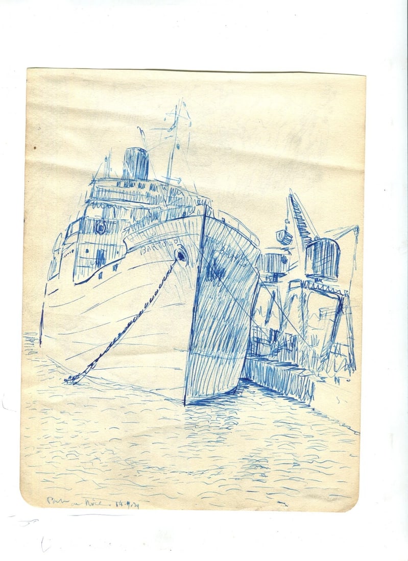Vintage Ink Drawing Original Maritime Landscape, Boat, Nice, Theoule c. 1924 - 3