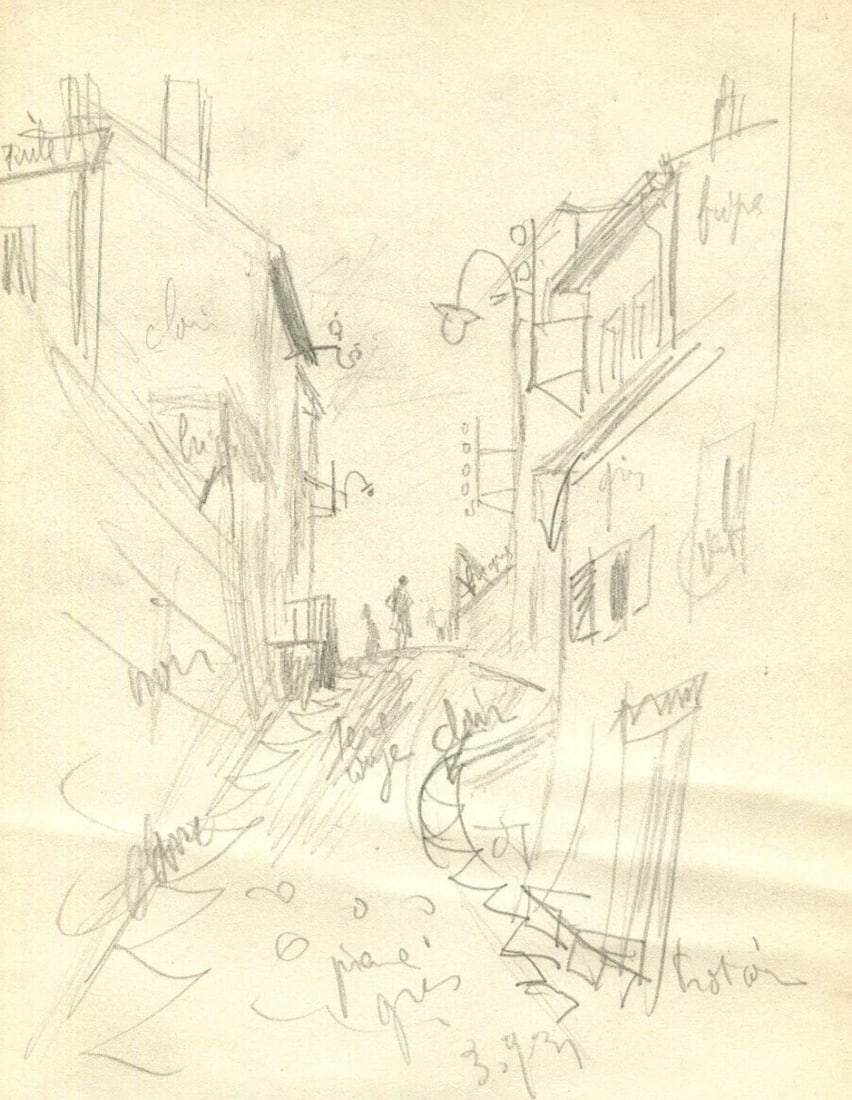 Vintage Pencil Original Drawing Cityview and Figures Sketch c. 1910 - 2