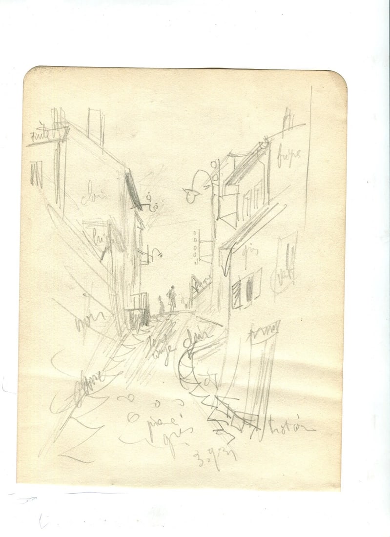 Vintage Pencil Original Drawing Cityview and Figures Sketch c. 1910 - 3