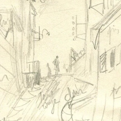 Vintage Pencil Original Drawing Cityview and Figures Sketch c. 1910 - 4