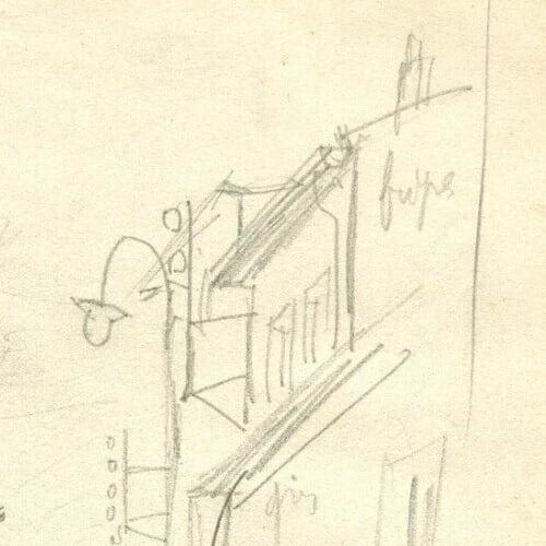 Vintage Pencil Original Drawing Cityview and Figures Sketch c. 1910 - 7