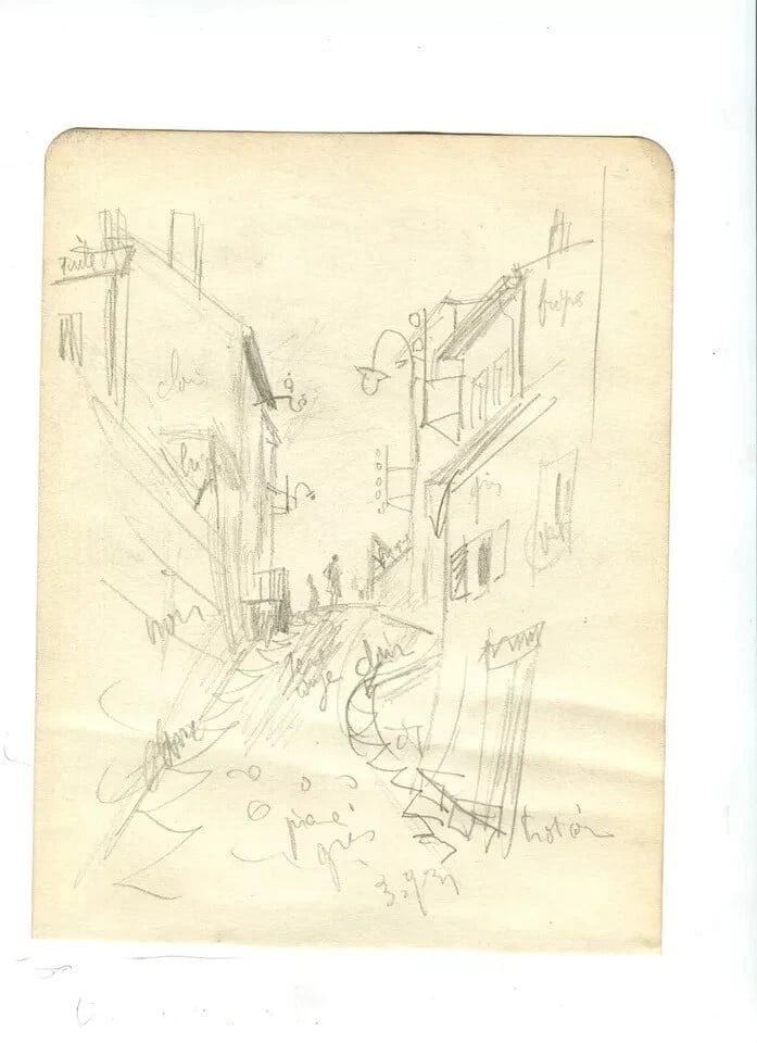 Vintage Pencil Original Drawing Cityview and Figures Sketch c. 1910 - 9