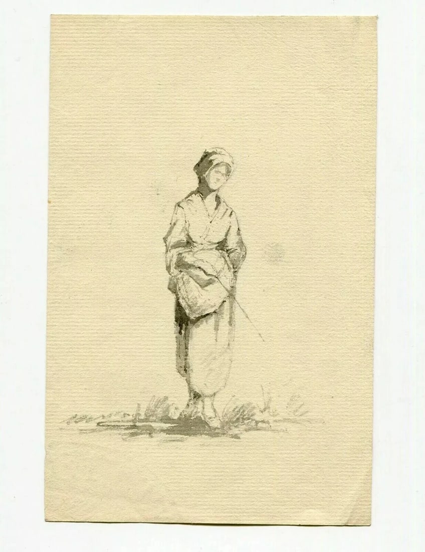 Antique Ink Original Drawing 19th century Farmer, Woman, Costume, Hat - 5