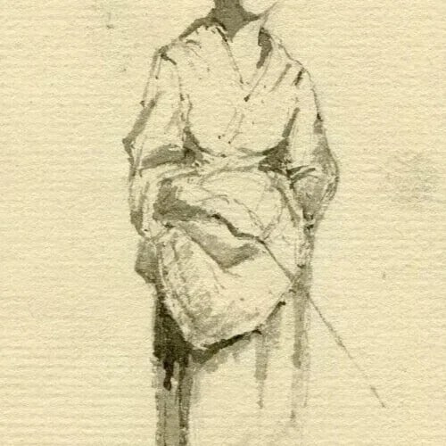 Antique Ink Original Drawing 19th century Farmer, Woman, Costume, Hat - 6