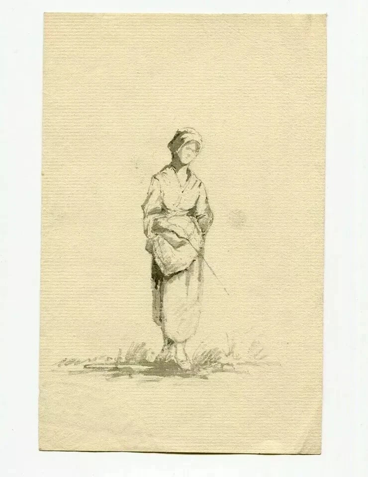 Antique Ink Original Drawing 19th century Farmer, Woman, Costume, Hat - 9